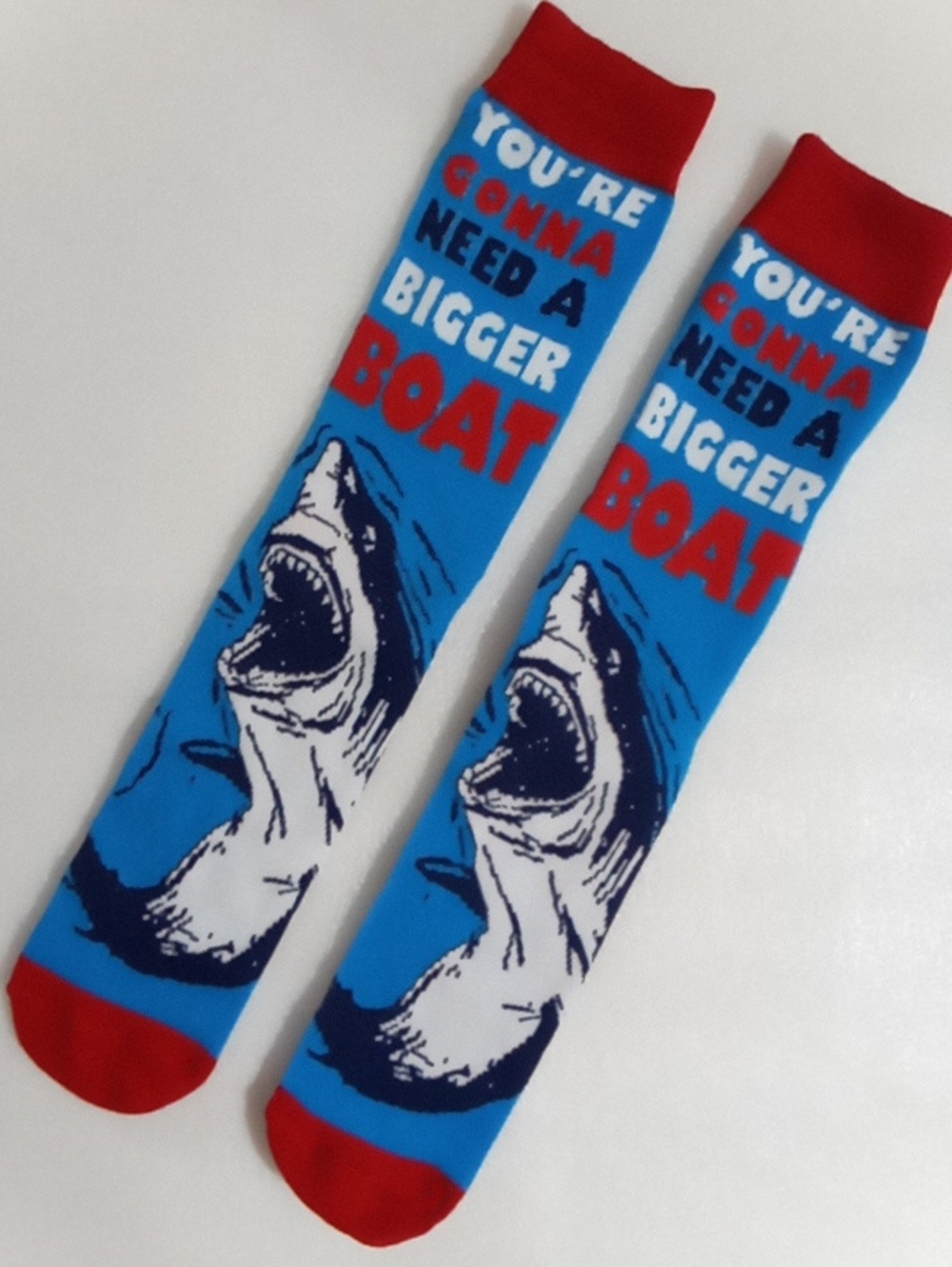 Jaws Blue Novelty Shark Socks with 'You're Gonna Need A Bigger Boat' Text